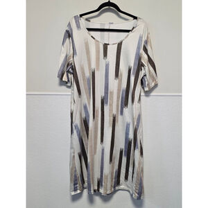 Women's Unbranded Plus 2XL White Brown Blue Striped Short Sleeve Dress‎